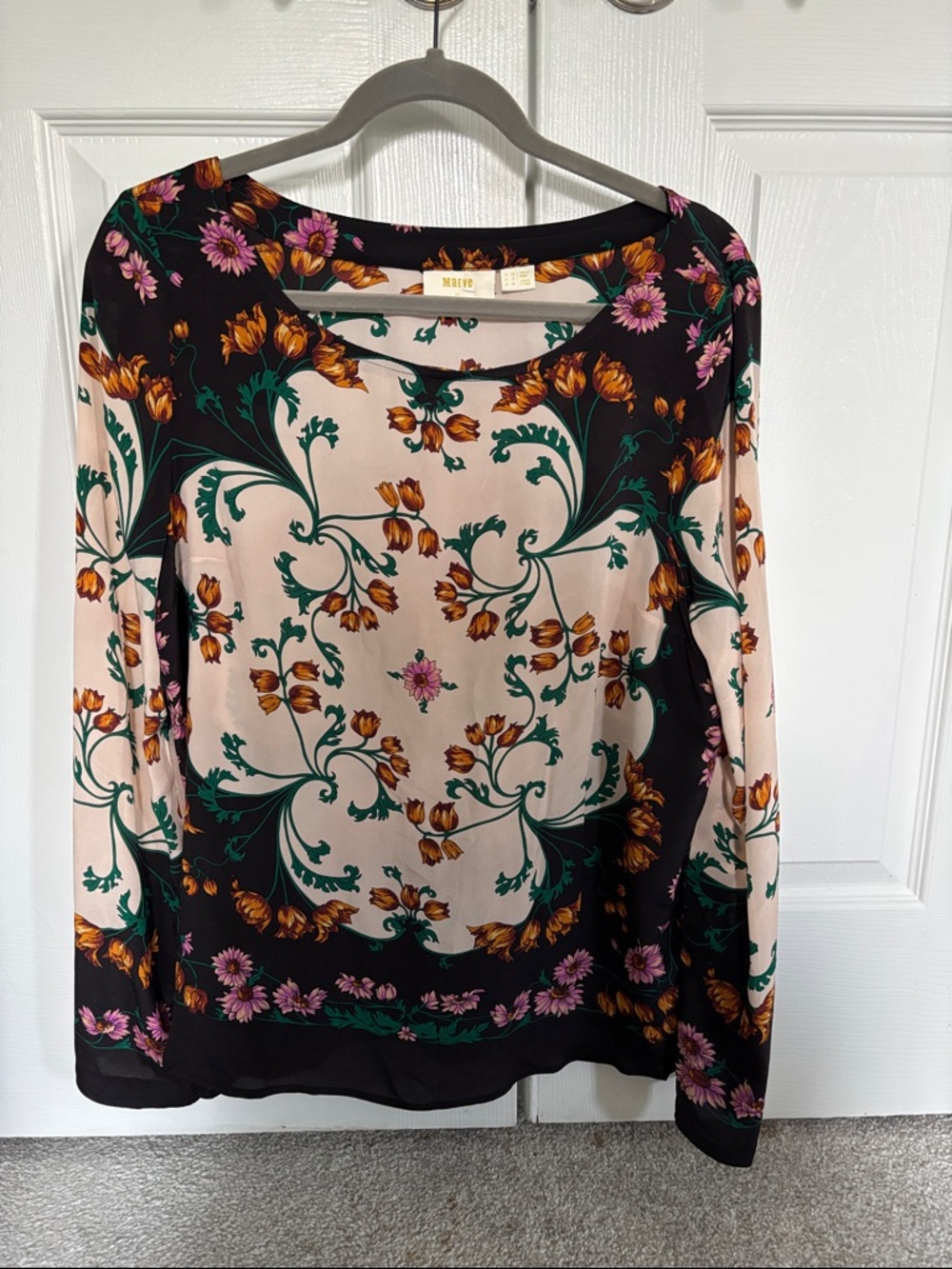 Anthropologie Maeve Multicolor Floral Scarf-Print Long Sleeve Blouse